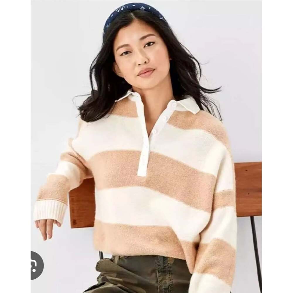 American Eagle Outfitters Tan and Cream Striped Drop Shoulder Collared Sweater